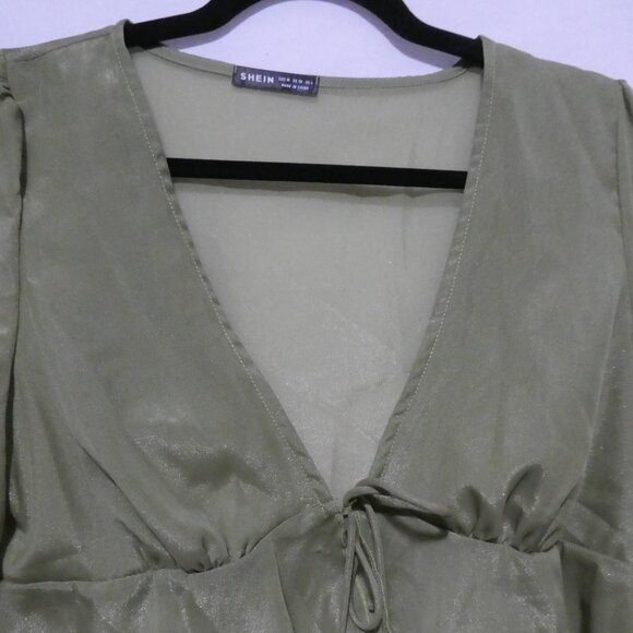 SHEIN | medium | Elegant Green V-Neck Sheer Blouse With Tie / Lace-Up Detail - Picture 4 of 15